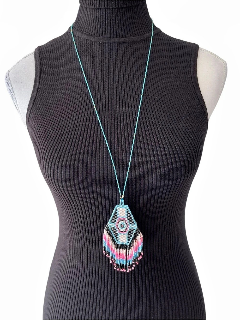 Geometric Handmade Beaded Pendant Necklace Turquoise Blue & Pink